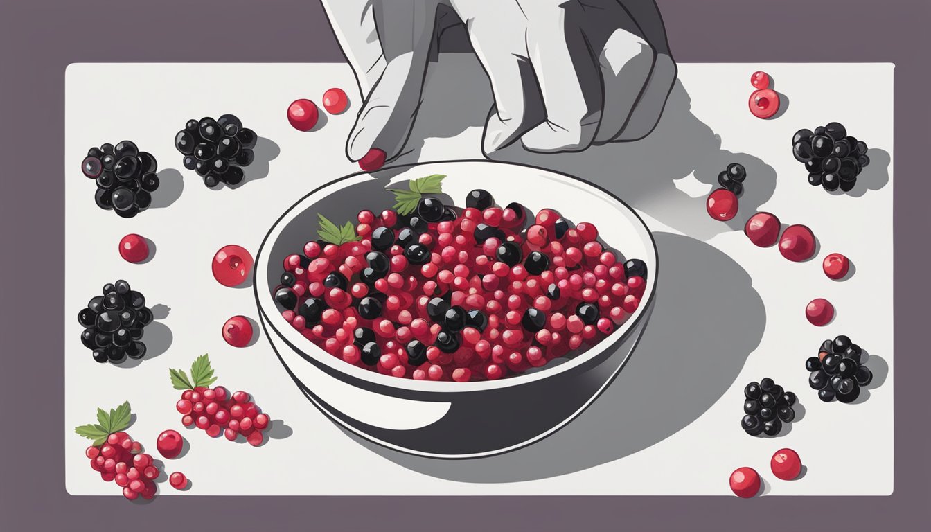 A bowl of red currants being used in place of black currants in a recipe, with a chef's hand reaching for them