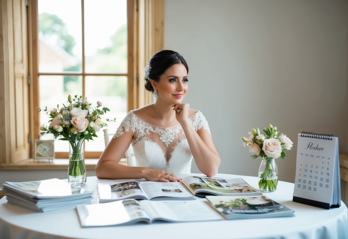 A bride-to-be sitting at a table, surrounded by wedding magazines and a calendar, pondering when to order flowers for her upcoming wedding