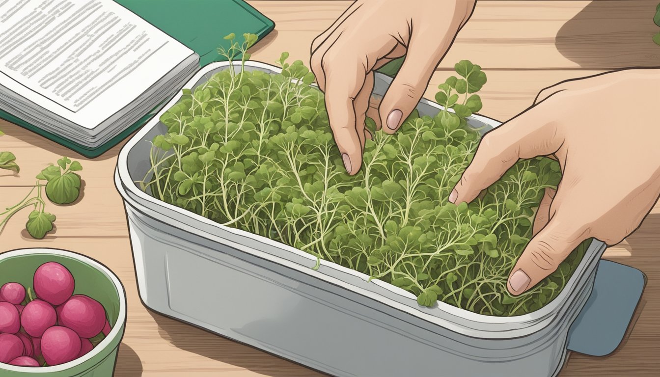 A hand reaching for a container of radish sprouts next to a recipe for alfalfa sprouts