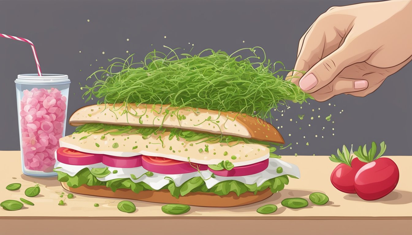 A hand sprinkling radish sprouts onto a sandwich in place of alfalfa sprouts