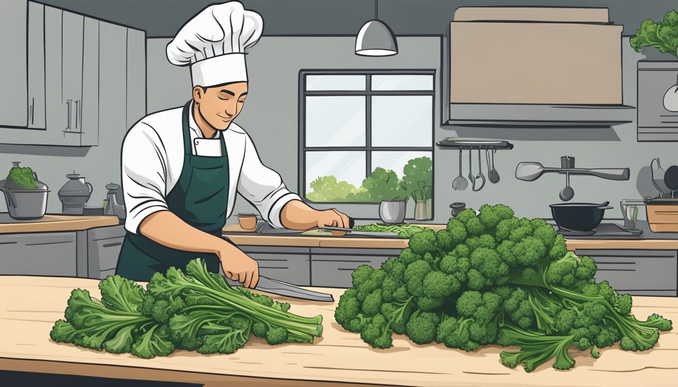 A chef chopping rapini to substitute for broccolini