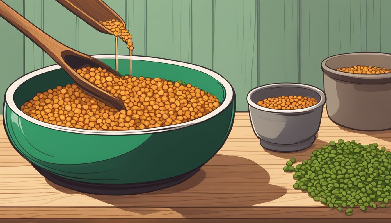 A bowl of cooked red lentils being poured into a pot of simmering broth, alongside a pile of uncooked green lentils on a wooden cutting board