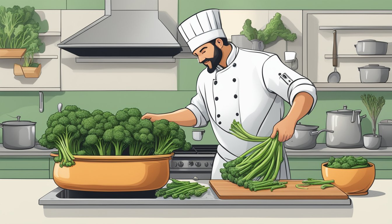 A chef swapping broccolini for rapini in a steaming pot of vegetables