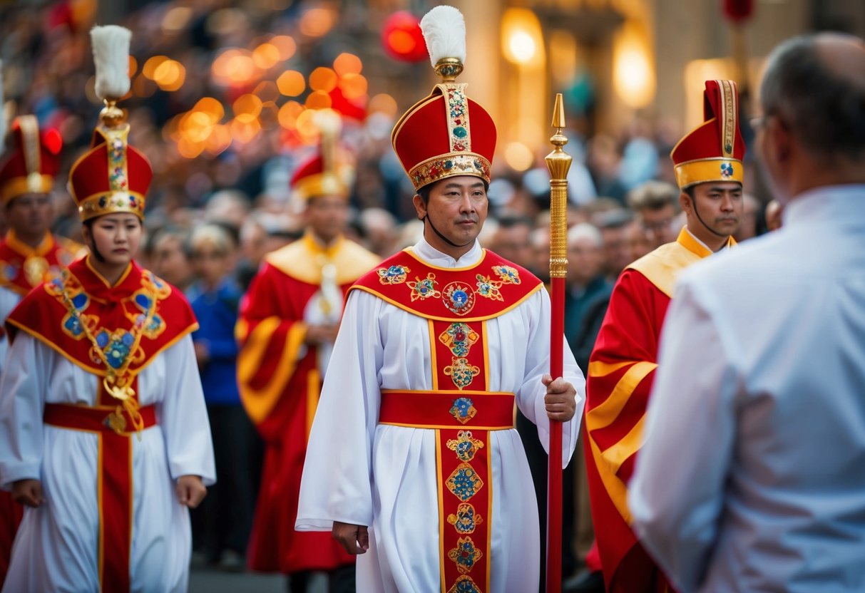 A figure leads another in a ceremonial procession