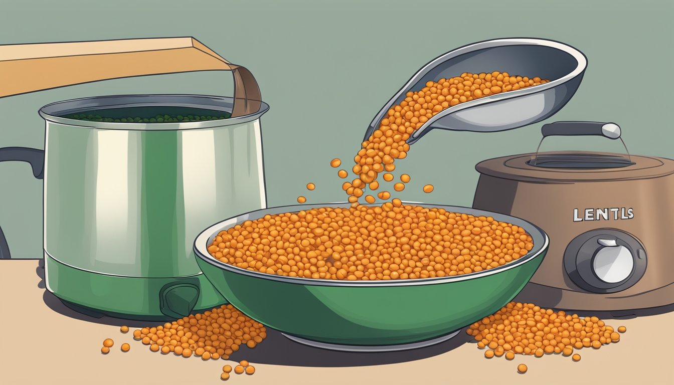 A bowl of red lentils being poured into a pot of boiling water, with a bag of green lentils nearby for comparison