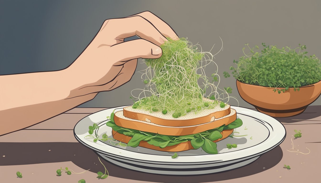 A hand sprinkling radish sprouts onto a sandwich, with a bowl of alfalfa sprouts nearby