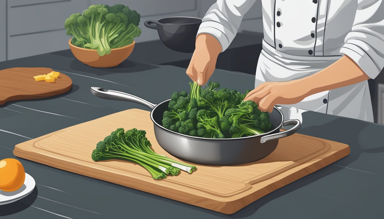 A chef swaps rapini for broccolini in a steaming pot of water, with both vegetables neatly arranged on a cutting board nearby