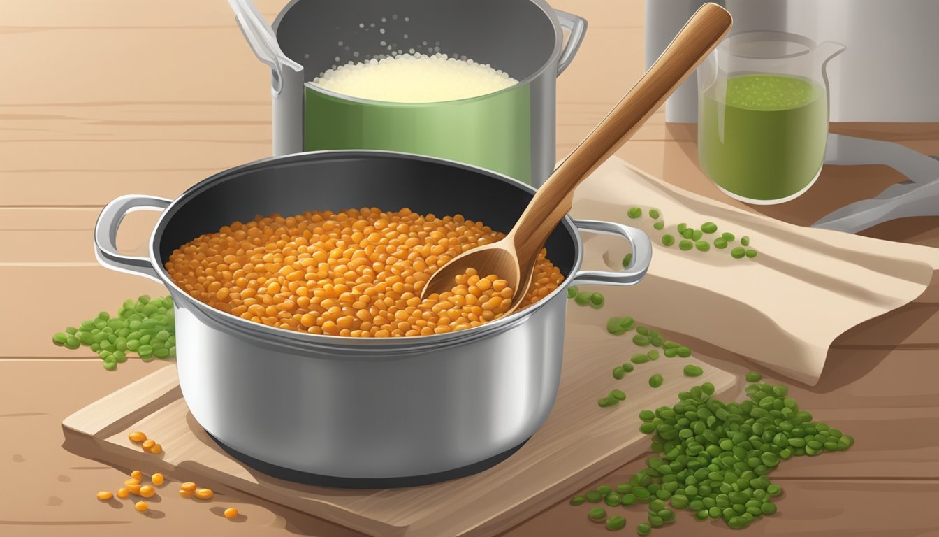 A pot of boiling red lentils being stirred with a wooden spoon, with a bag of green lentils in the background