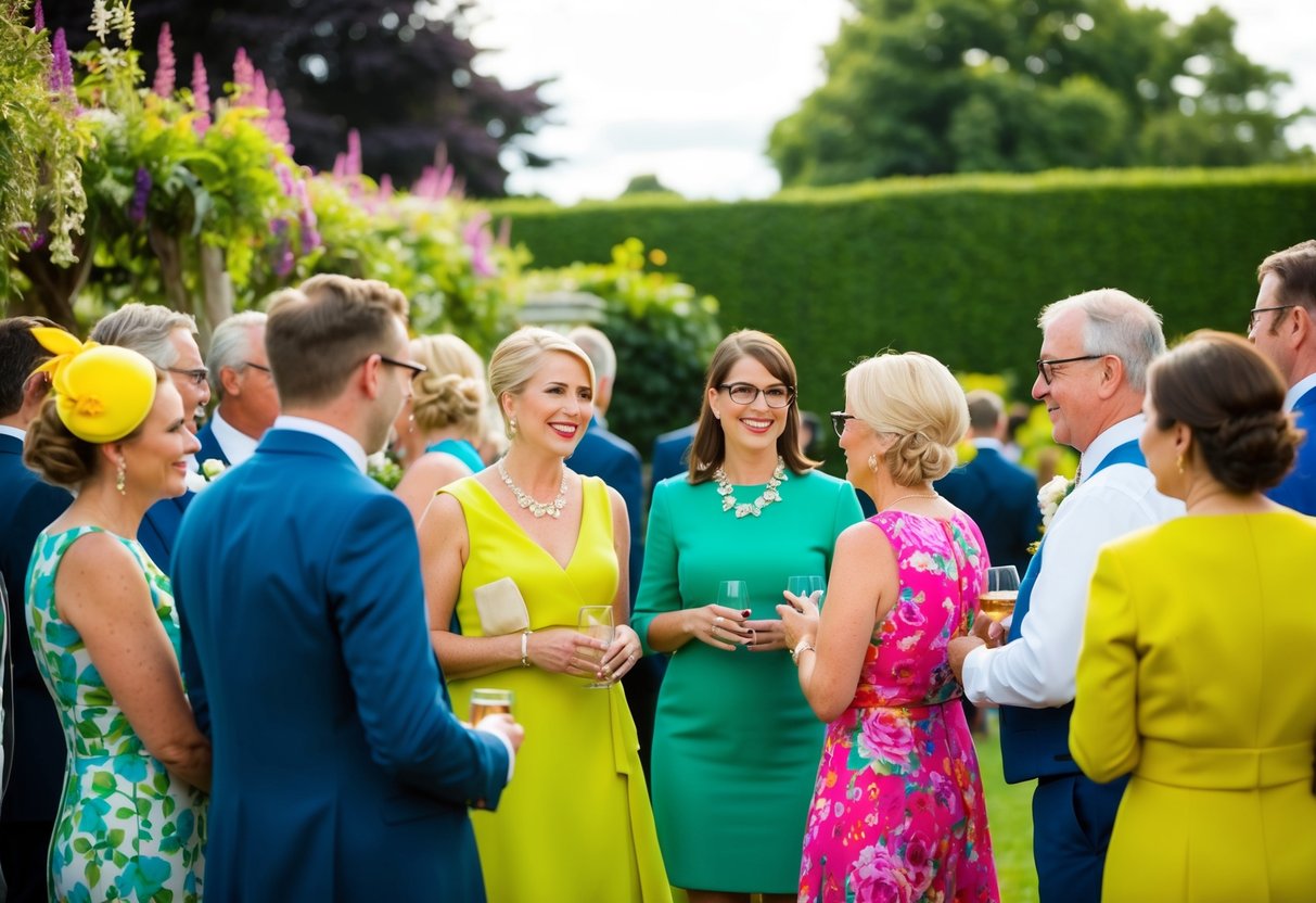 A group of wedding guests in a variety of colorful attire mingle and chat in a garden setting