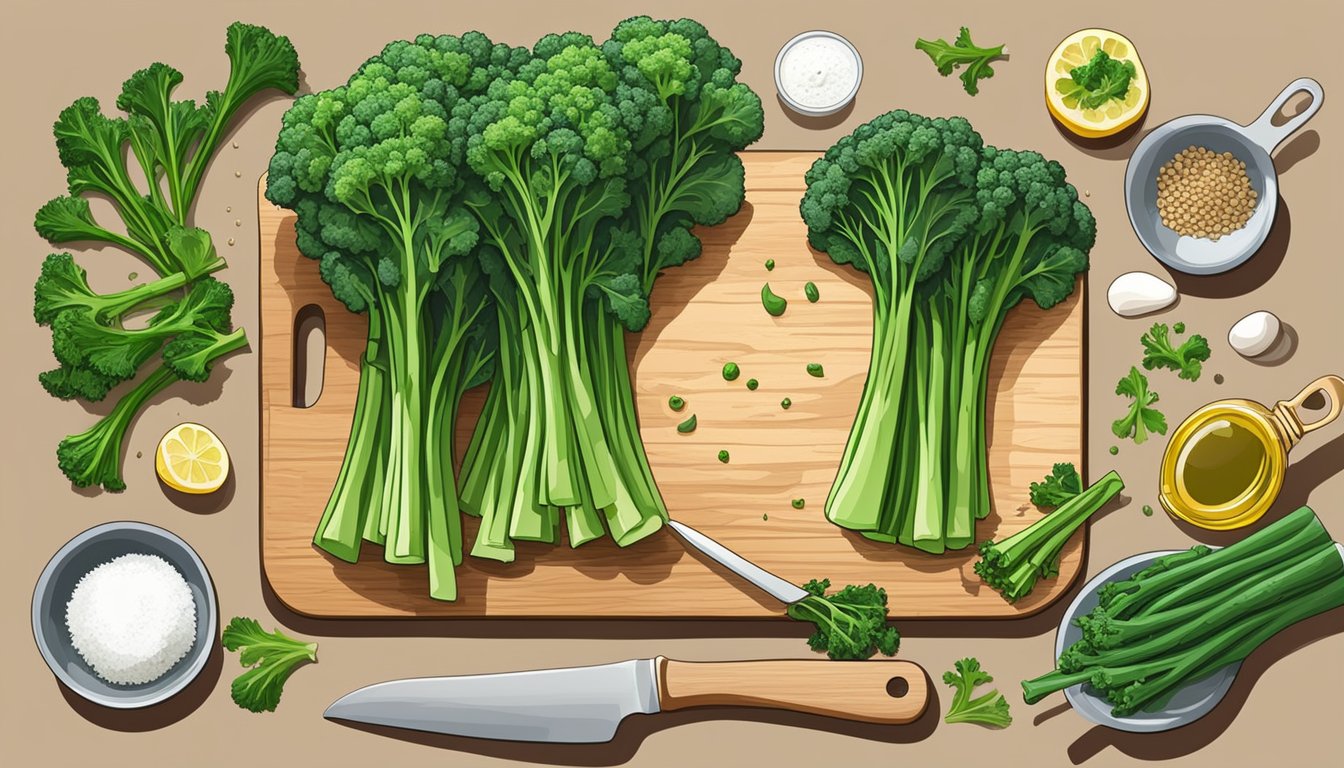 A chef chopping rapini and broccolini on a wooden cutting board, with various kitchen utensils and ingredients scattered around