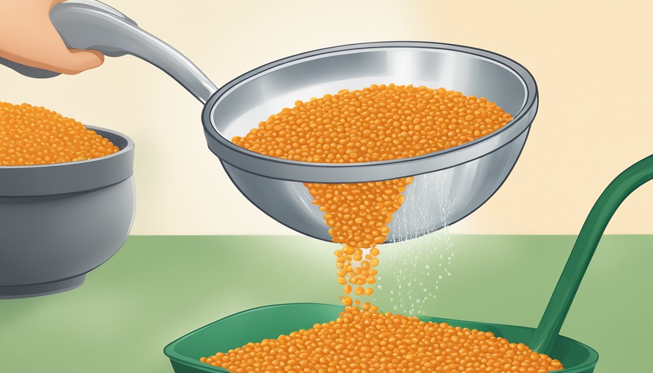 A bowl of red lentils pouring into a pot of simmering water, with a bag of green lentils in the background