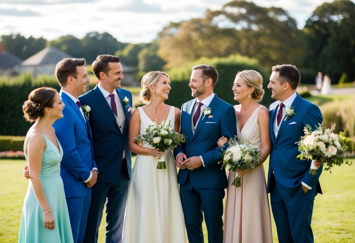 A group of wedding guests standing together, each wearing different colored dresses and suits, chatting and laughing at a beautiful outdoor venue