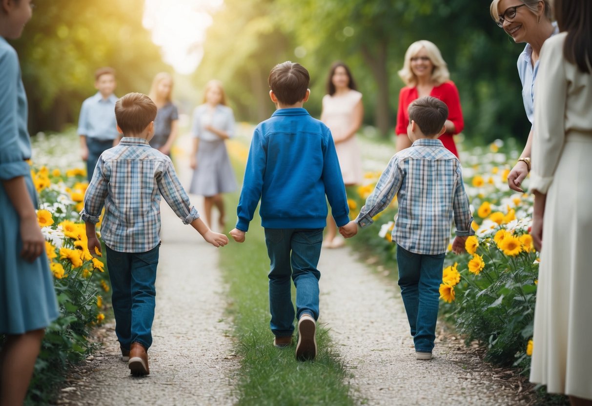 A sibling leads another along a flower-lined path, surrounded by smiling faces