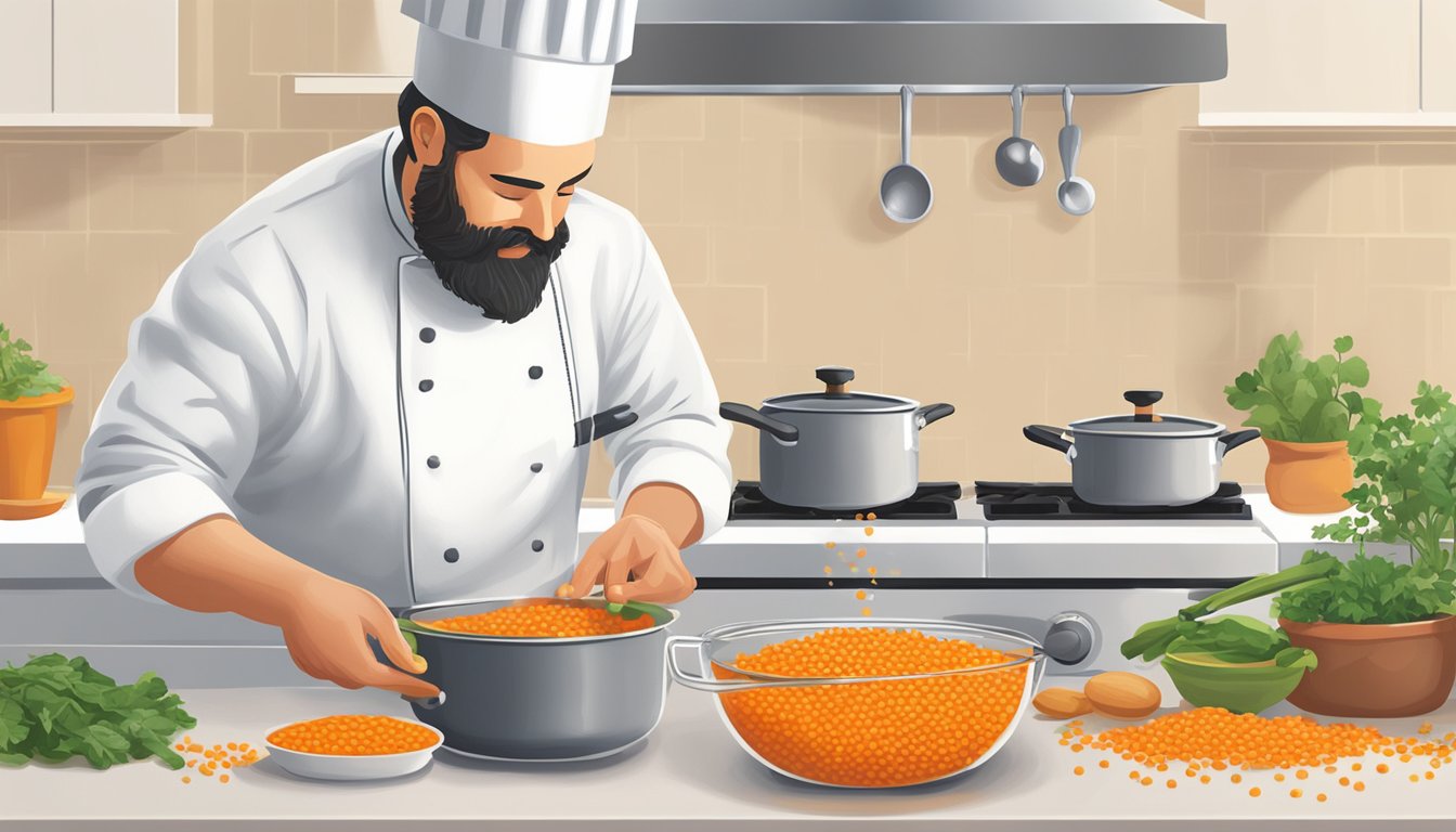 A chef pours red lentils into a measuring cup, then adds them to a pot of simmering water. The lentils soften and swell as they cook