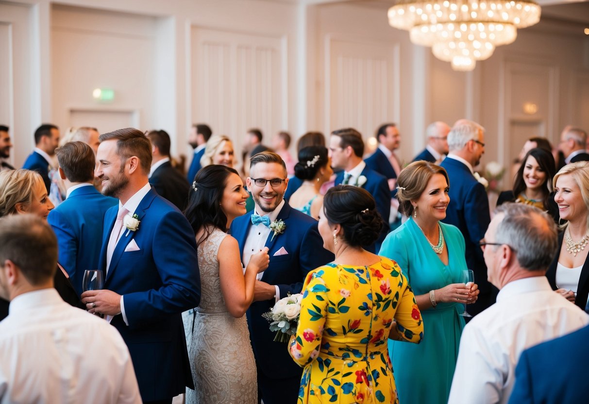 A group of wedding guests in a variety of colorful attire mingle and socialize at the reception