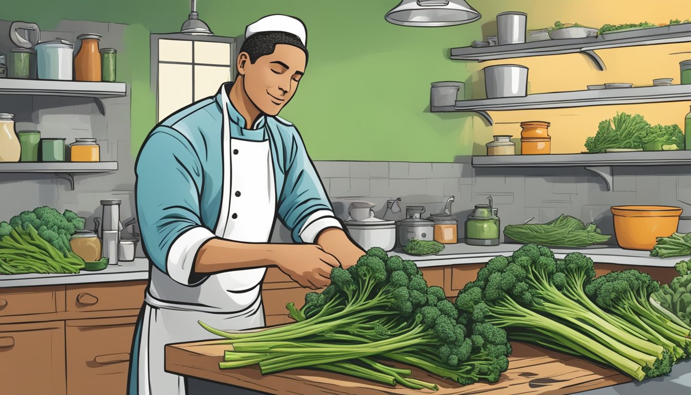 A chef swapping out rapini for broccolini in a bustling kitchen, surrounded by colorful spices and herbs