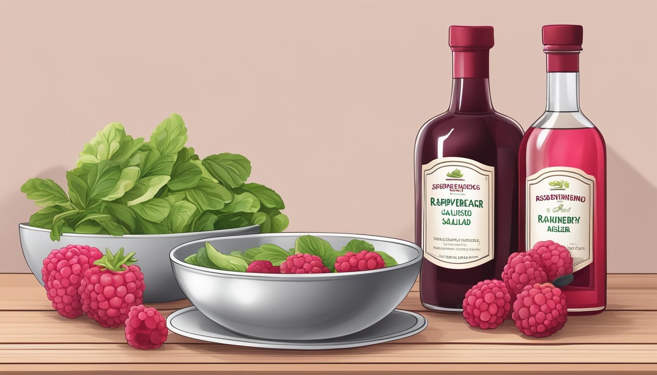 A bottle of raspberry vinegar sits next to a bowl of salad ingredients, with a bottle of red wine vinegar in the background