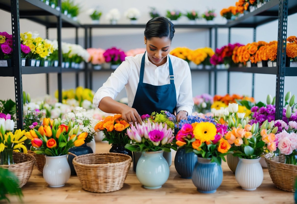 A florist arranging a variety of colorful blooms in vases and baskets, surrounded by shelves of different flower options