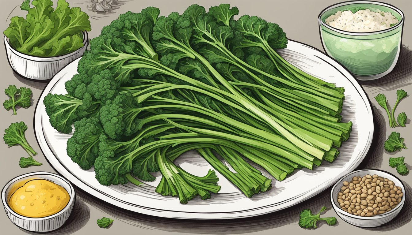 A plate with rapini replacing broccolini in a dish, surrounded by various healthy ingredients and a nutritional information label