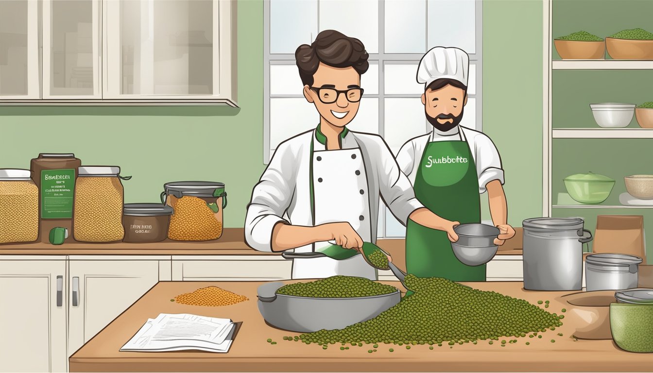 A chef pouring red lentils into a pot, next to a bag of green lentils with a label "Substitute for Green Lentils" on the counter