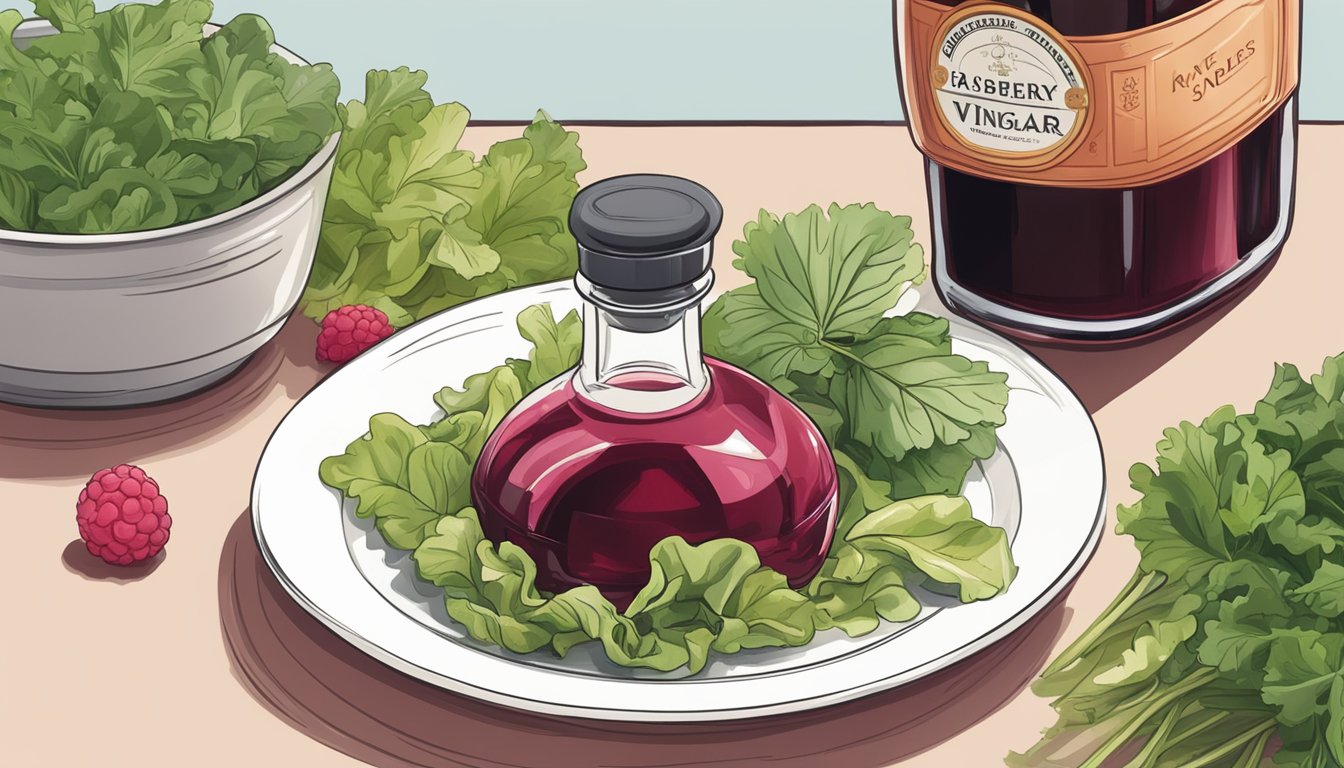 A bottle of raspberry vinegar sits next to a dish of salad greens, while a bottle of red wine vinegar is pushed to the side