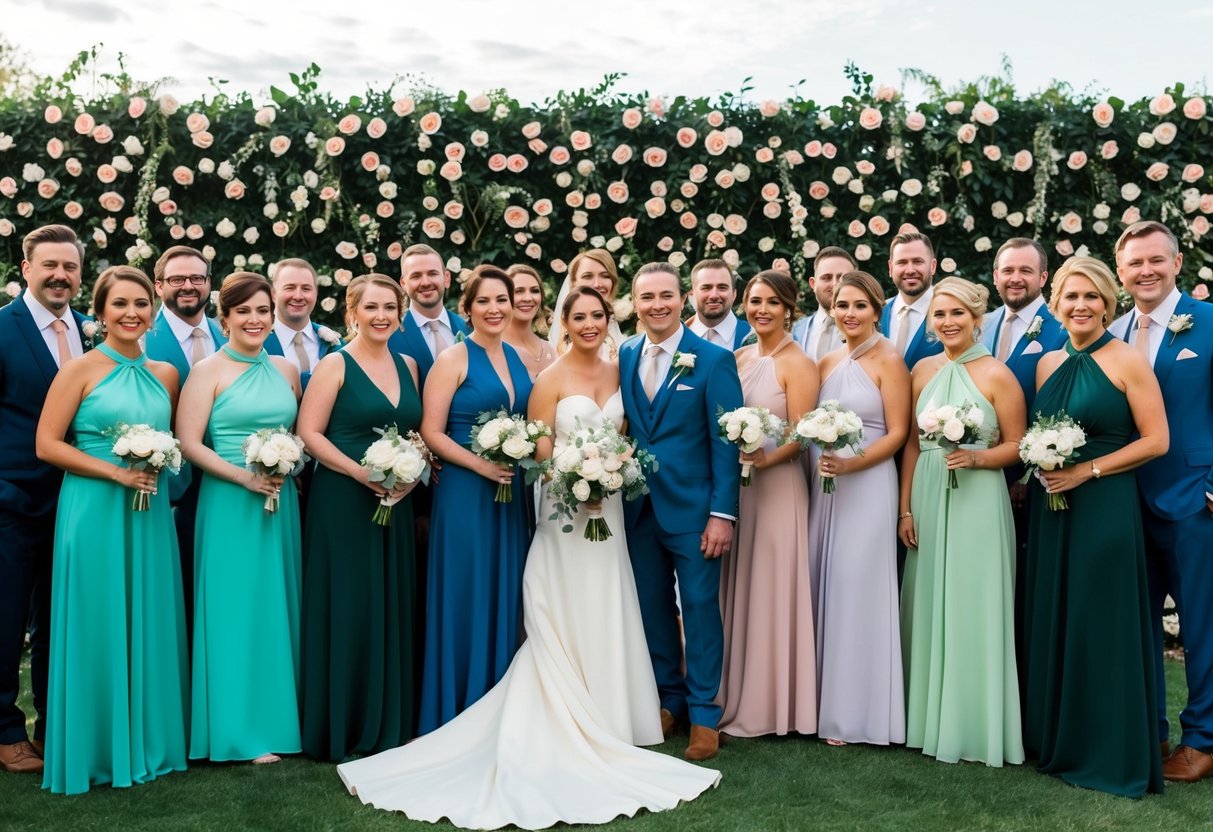 A group of wedding guests wearing various shades of the same color, mingling and posing for photos in front of a floral backdrop