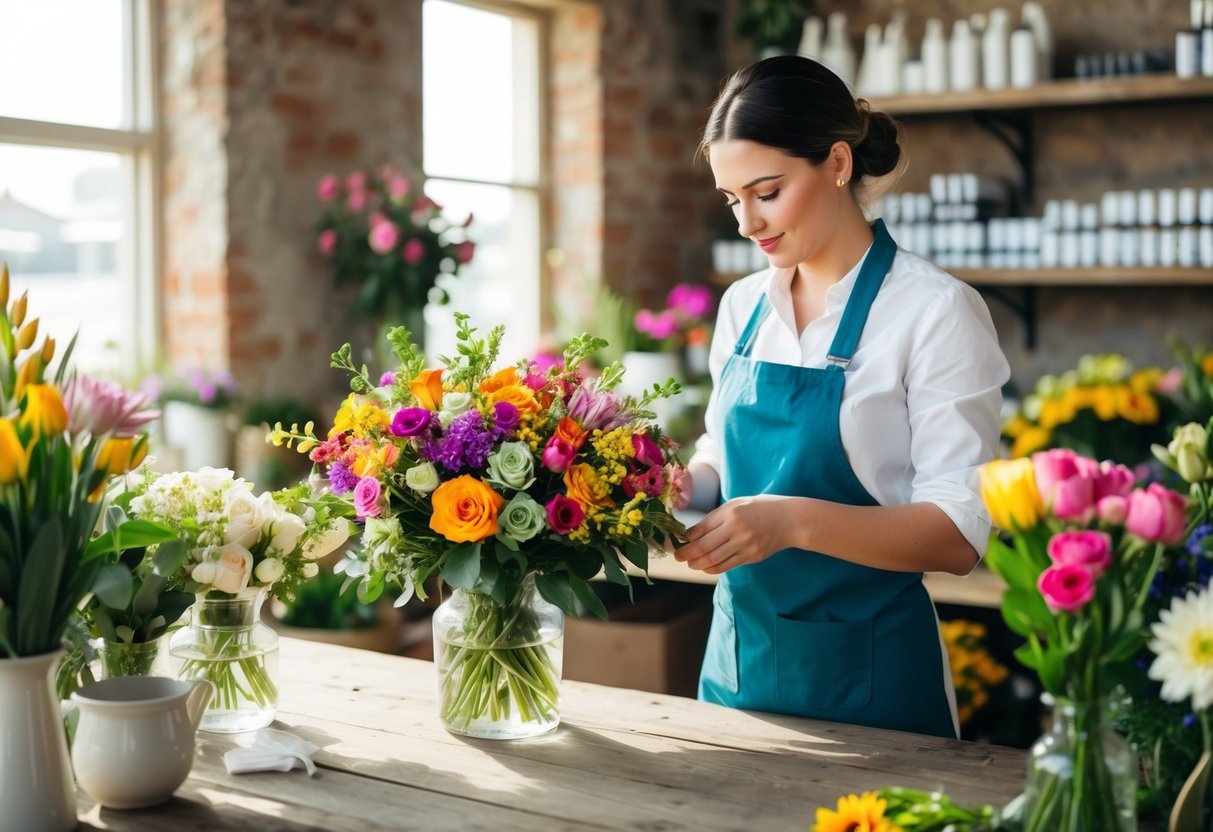 A florist arranging a colorful bouquet of fresh flowers in a rustic, sunlit shop