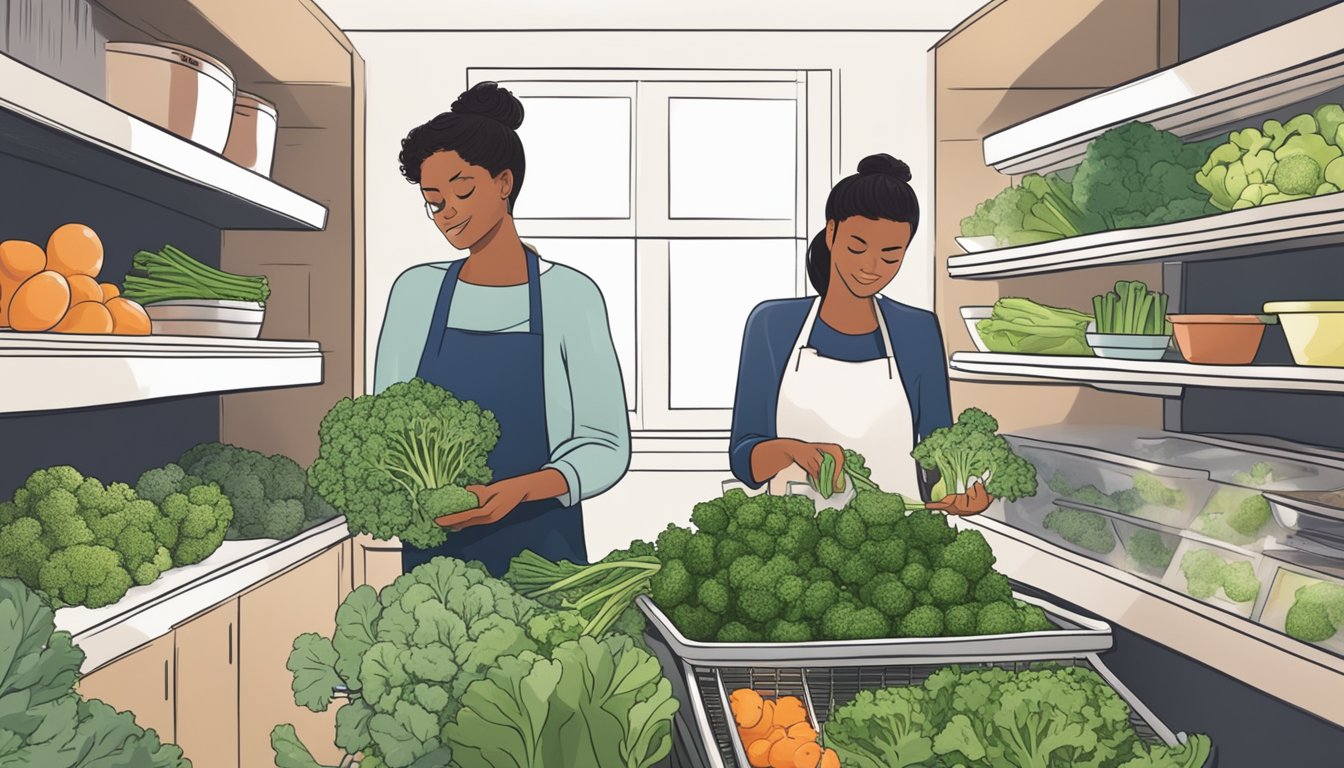 A person swapping rapini for broccolini while shopping and organizing produce in a kitchen