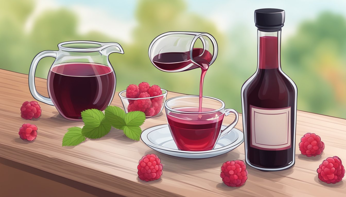 A bottle of raspberry vinegar being poured into a measuring cup, with a bowl of fresh raspberries and a bottle of red wine vinegar nearby