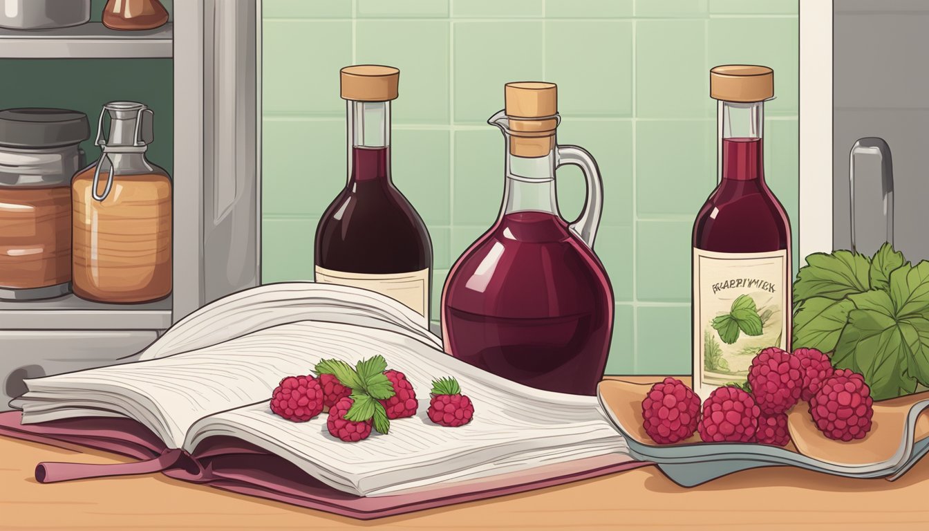 A bottle of raspberry vinegar and a bottle of red wine vinegar sitting on a kitchen counter next to a recipe book