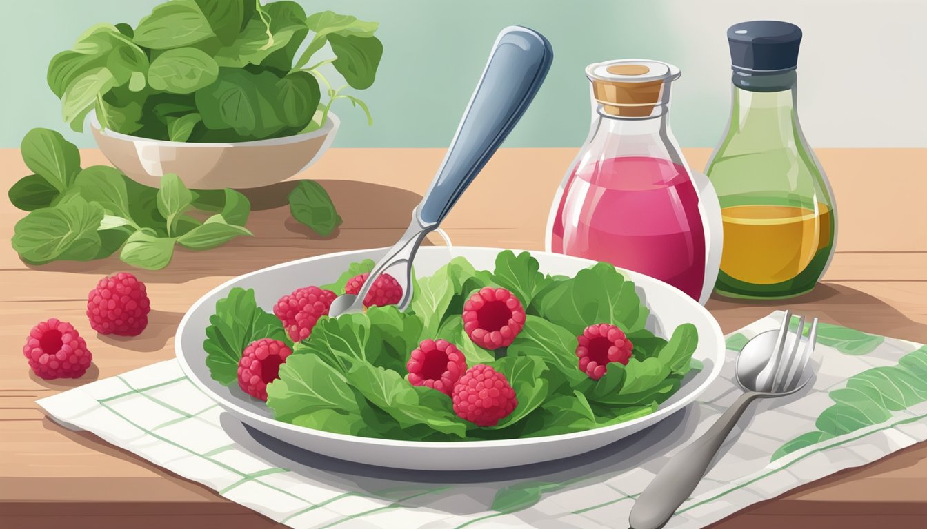 A bottle of raspberry vinegar next to a bowl of salad, with a measuring spoon pouring the vinegar over the greens