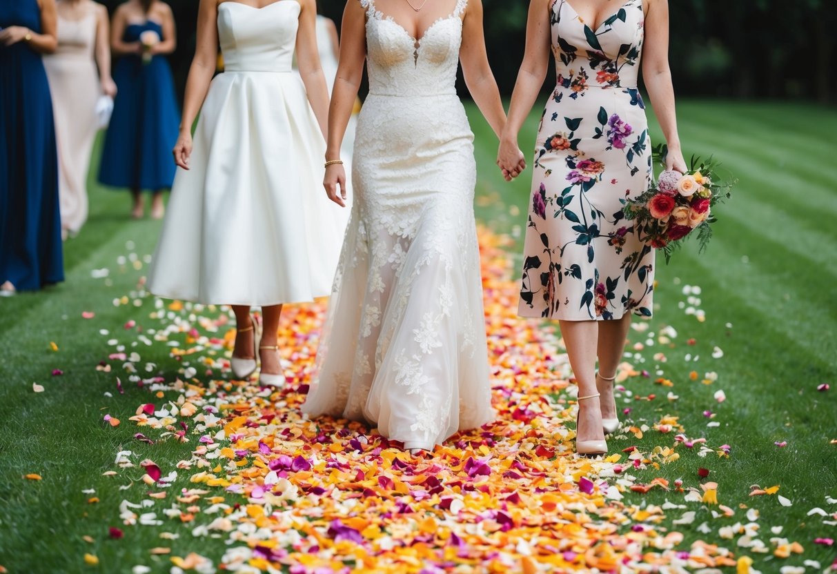 Brides walk on a path of scattered flower petals, creating a colorful and fragrant trail