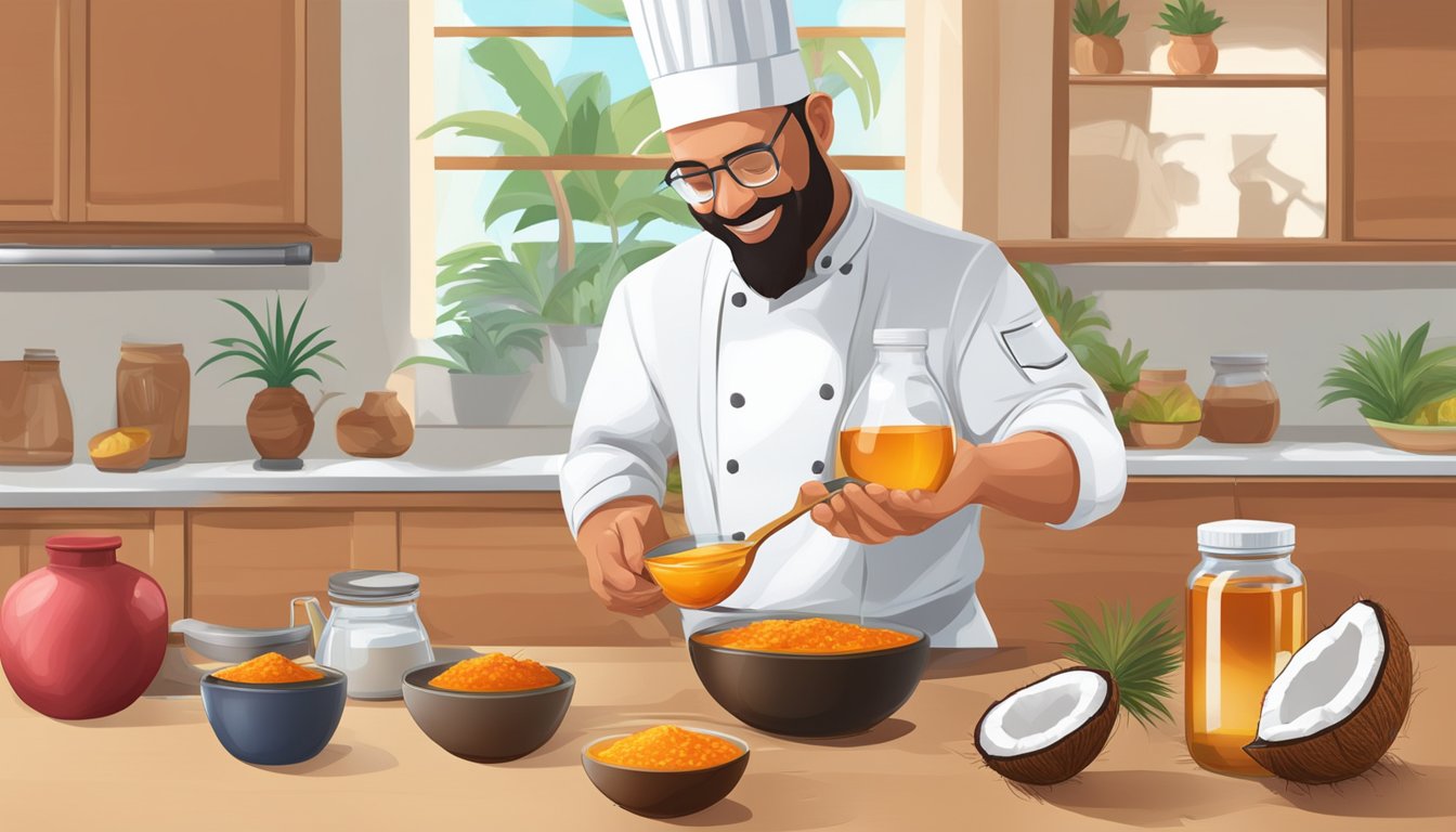 A chef pouring red palm oil into a measuring cup, with a jar of coconut oil in the background