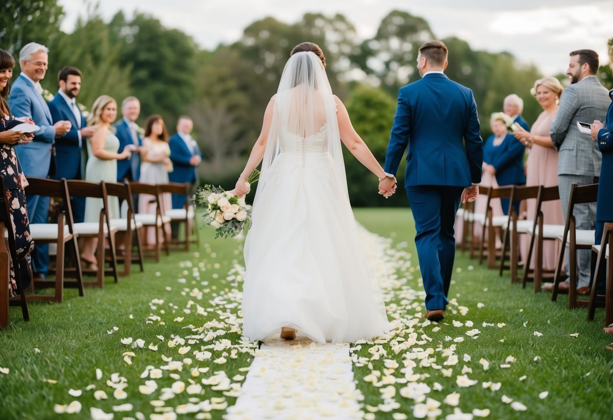 A bride walks on a path of scattered flower petals, symbolizing love and purity in a modern wedding tradition