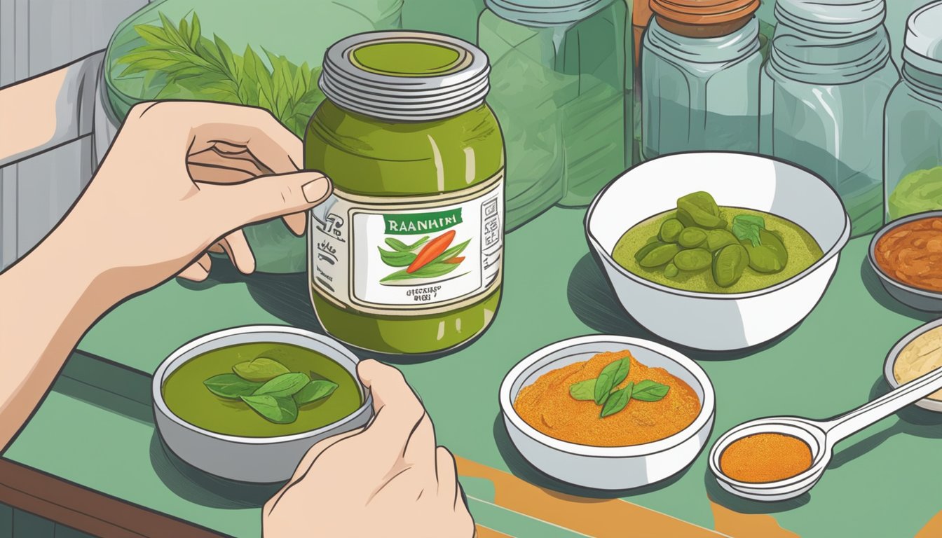 A hand reaching for a jar of red curry paste next to a jar of green curry paste on a kitchen counter