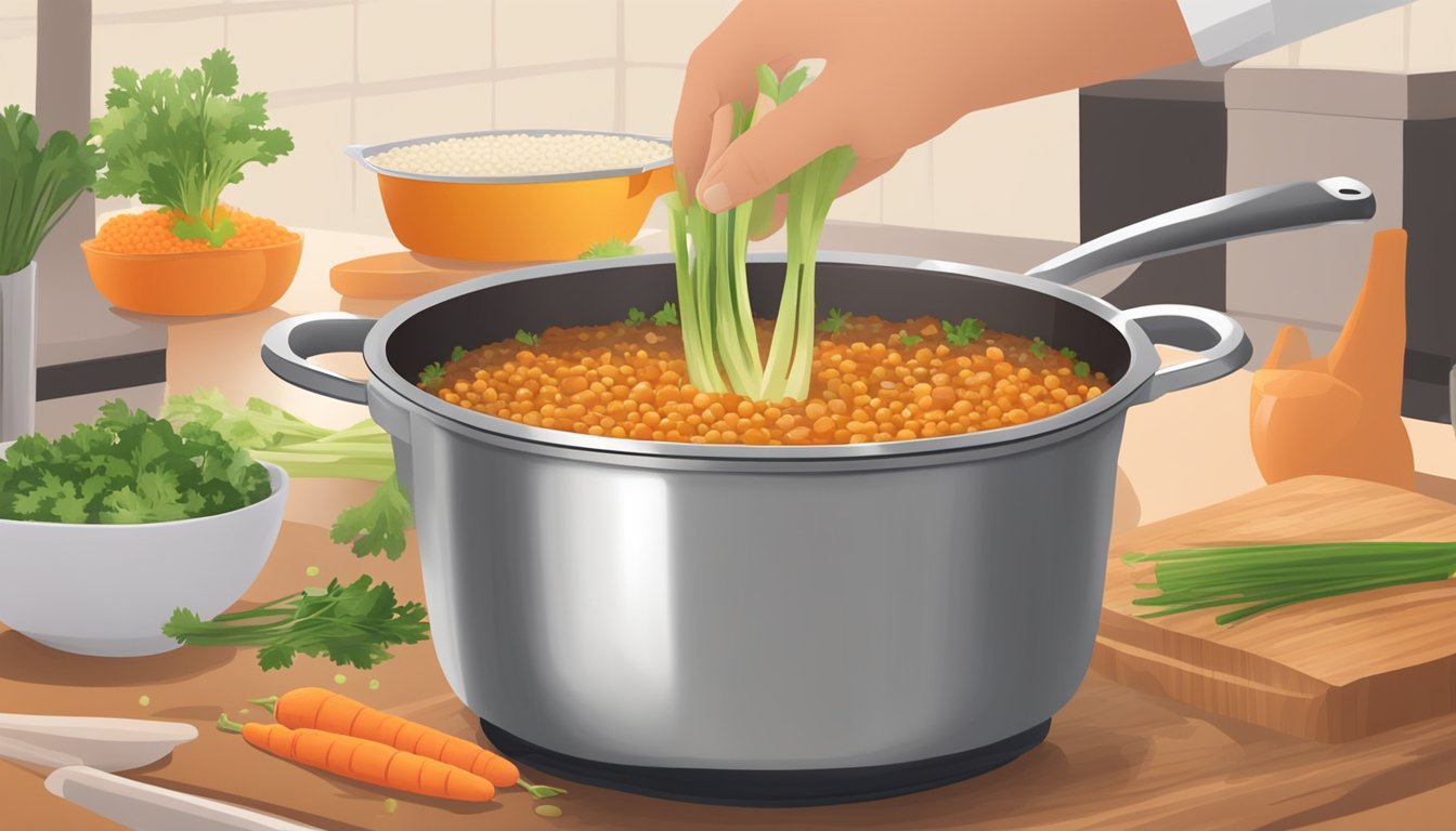 A pot of simmering soup with red lentils being added in place of brown lentils. Onions, carrots, and celery are visible in the background