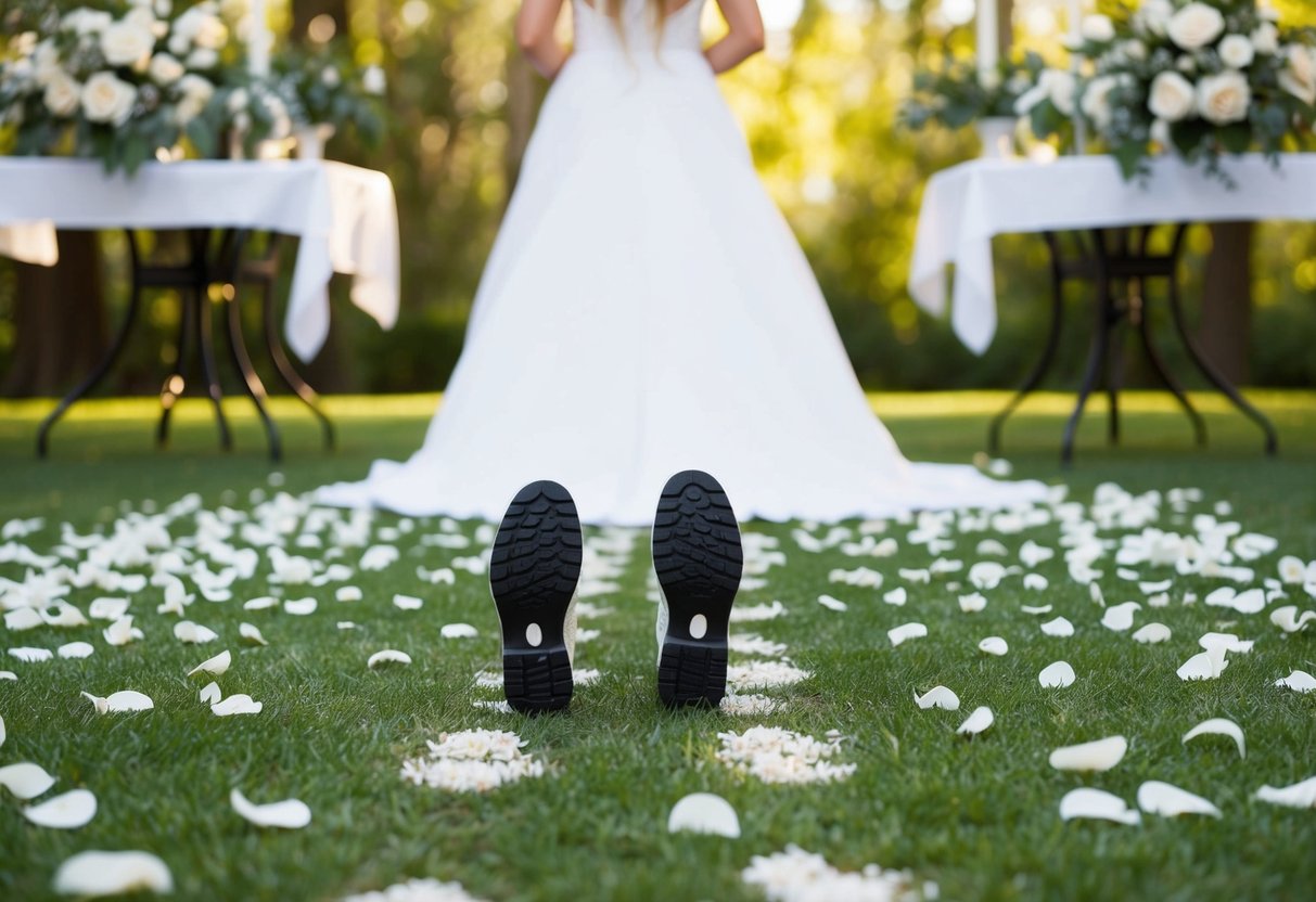 A bride's footprints trail through a scattering of petals, leading to a table of floral arrangements