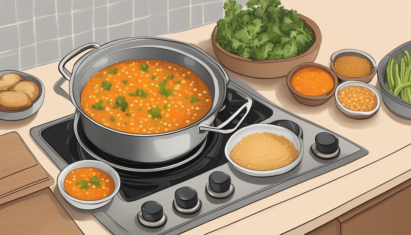 A pot of soup simmering on the stove with red lentils being added in place of brown lentils. Vegetables and herbs scattered on the counter