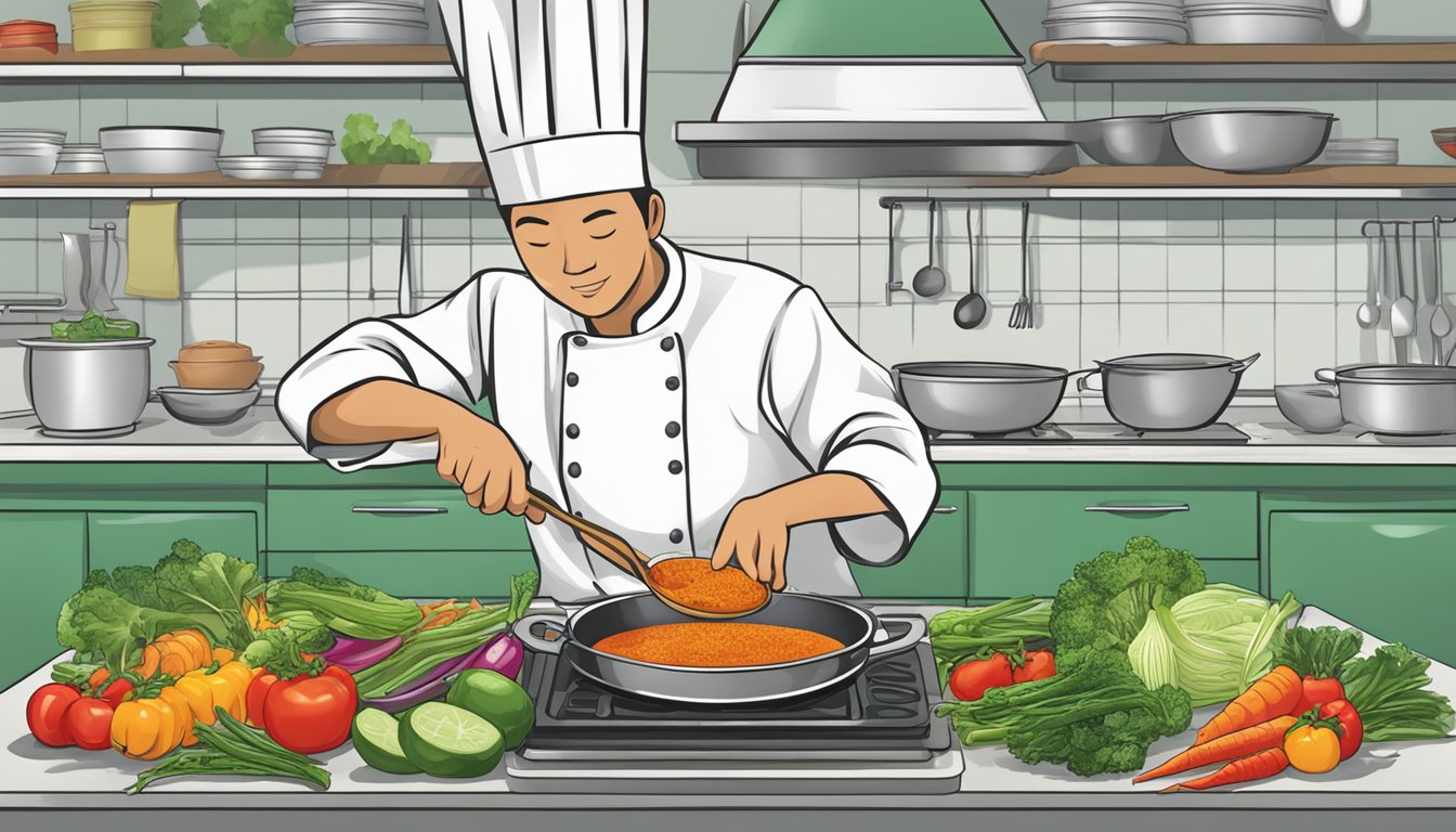 A chef adds red curry paste to a sizzling pan of vegetables, demonstrating how to substitute it for green curry paste in a dish