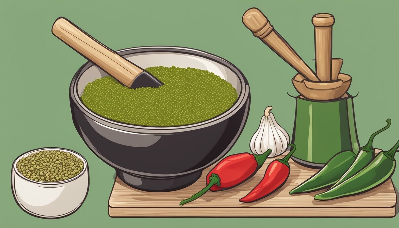 A mortar and pestle grinding red chilies, garlic, lemongrass, and coriander seeds into a smooth paste, with a bowl of green curry paste nearby for reference