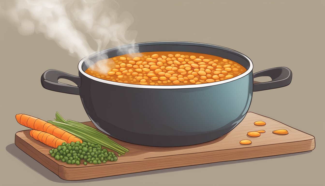 Red lentils being poured into a bubbling pot of soup, steam rising. Brown lentils sitting off to the side. Onions, carrots, and celery on a cutting board