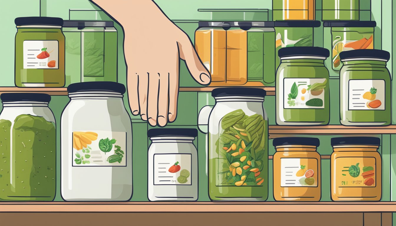 A hand reaching for a jar of red curry paste on a shelf, with a jar of green curry paste next to it