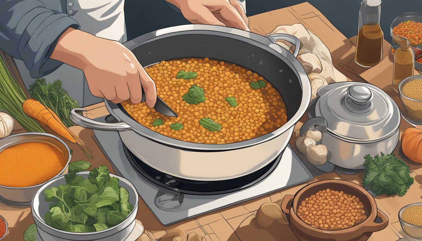 A pot of soup simmering on the stove, with a chef pouring red lentils into the pot to substitute for brown lentils. Various vegetables and spices are laid out on the counter nearby