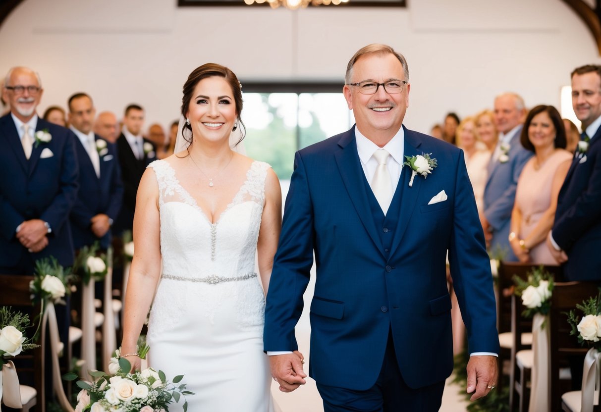 Both parents stand side by side, beaming with pride, as they walk down the aisle together