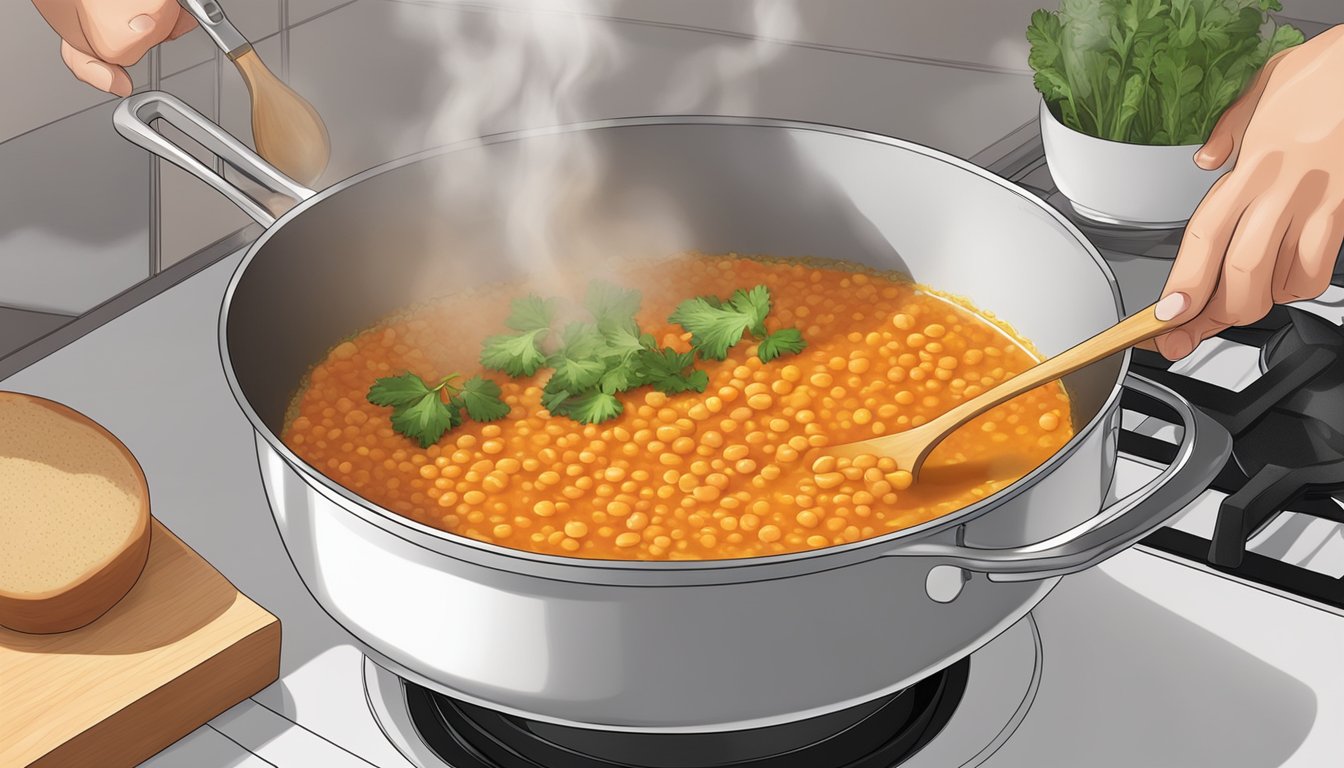 A pot of simmering soup with red lentils being added in a kitchen setting