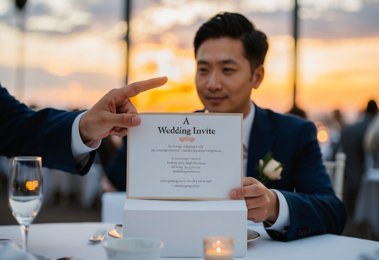 A person declining a wedding invite with a polite gesture