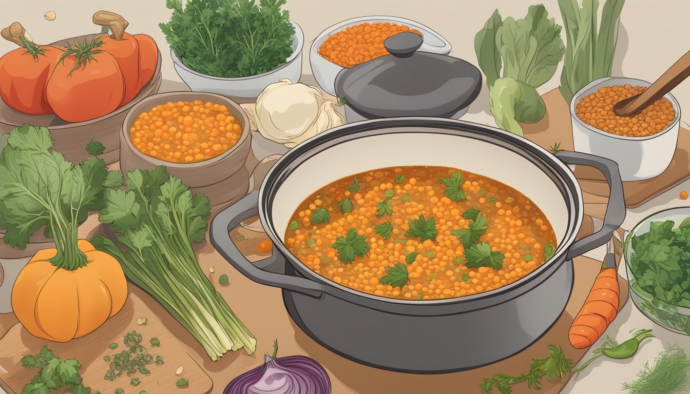 A pot of simmering soup with red lentils being added in place of brown lentils. Various vegetables and herbs are scattered on the kitchen counter