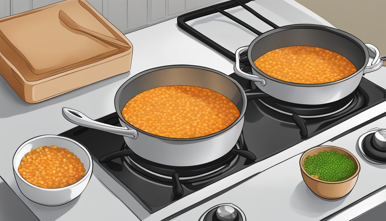 A pot of soup simmering on a stovetop, with red lentils being added instead of brown lentils. The steam rises as the ingredients blend together