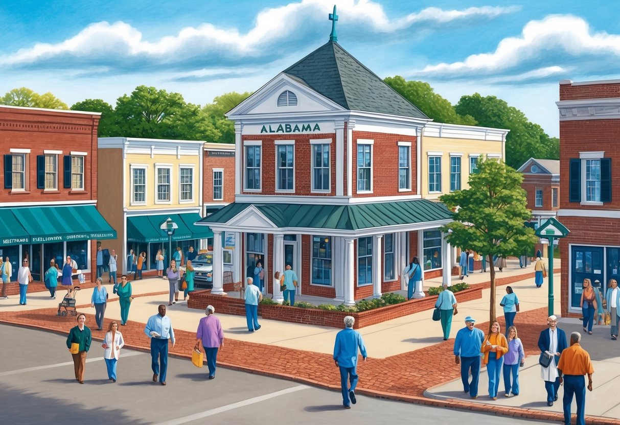 A bustling Alabama town square with a prominent medical clinic, surrounded by people coming and going, emphasizing the importance of primary care physicians in the community