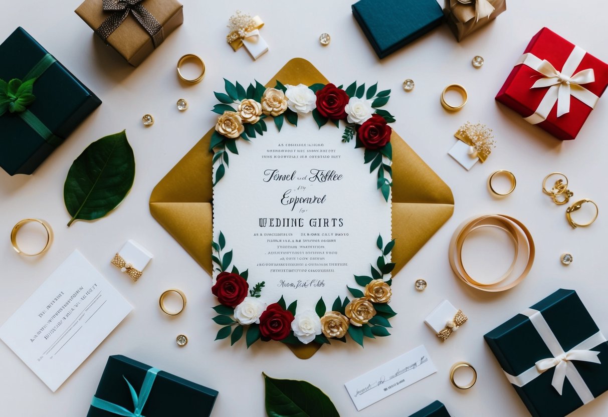 A beautifully decorated wedding invitation surrounded by various expenses such as travel, accommodations, and gifts